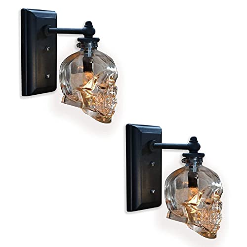 VOMI Schwarz Vintage Totenkopf Lampe Schädel Deko Wandlampe, Transparent Glas Lampenschirm Wandleuchte mit E14 Fassung, 2 Stück Retro Wandbeleuchtung für Halloween Party Bar Restaurant von VOMI