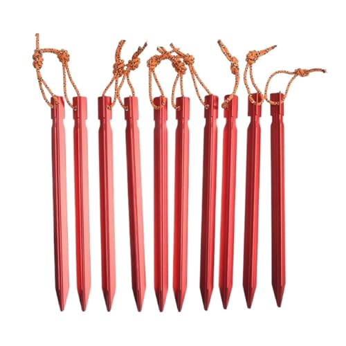 Heringe Zelt 10 stücke Outdoor Baldachin Heringe Aluminium Legierung Garten Stakes Boden Nagel Mit Schnur for Camping Rucksack Wandern(A red) von YXADGML