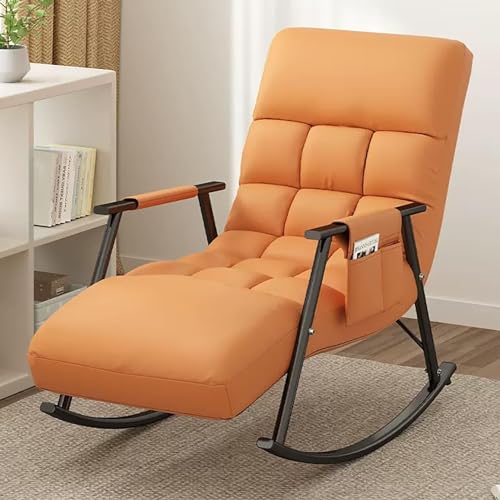 Gepolsterter Komfort-Liegestuhl Schaukelstuhl mit Verstellbarer Hoher Rückenlehne, Schaukelsessel mit Armlehnen-Seitentasche Relax-Loungesessel for Wohnzimmer, Schlafzimmer ( Color : Orange+black leg von YXCUIDP