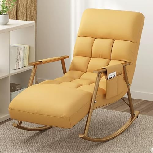 Gepolsterter Komfort-Liegestuhl Schaukelstuhl mit Verstellbarer Hoher Rückenlehne, Schaukelsessel mit Armlehnen-Seitentasche Relax-Loungesessel for Wohnzimmer, Schlafzimmer ( Color : Yellow+gold leg ) von YXCUIDP