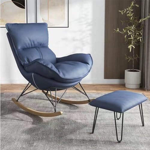YXCUIDP Einzel-Liegestuhl Balkon-Relax-Sofastuhl Segelflugzeug-Stuhl Schaukelstühle mit Ottomane, Gepolsterter Lounge-Stuhl for Das Wohnzimmer, Holzsockel (Color : Dark Blue) von YXCUIDP