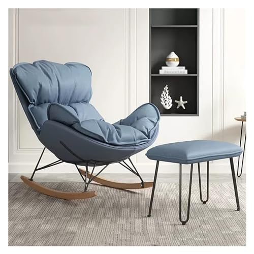 YXCUIDP Moderner Wohnzimmer-Schaukelstuhl Technischem Stoff mit Fußhocker Gepolsterter Glider-Freizeitsofa-Liegestuhl, Rocker-Akzentsessel Mit Massivholzbeinen (Color : Blue) von YXCUIDP