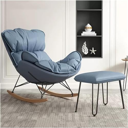 YXCUIDP Moderner Wohnzimmer-Schaukelstuhl mit Fußhocker Gepolsterter Glider-Liegestuhl Mit Hoher Rückenlehne, Rocker-Akzentsessel Mit Massivholzbeinen (Color : Blue) von YXCUIDP