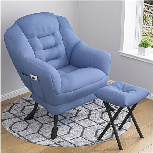 YXCUIDP Wohnzimmer-Schlafzimmer-Akzent-Sessel Lazy Chair Und Gepolsterter Fußschemel-Set Moderner Lounge-Sessel Aus Baumwollstoff, Stuhl Mit Metallrahmen Und Ottomane (Color : Blue-2) von YXCUIDP