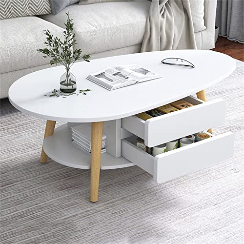 YXDFG Ovaler Couchtisch Aus Holz,2-Schicht-Mode-Couchtische,Mit Offenem Regal Zur Aufbewahrung Und Präsentation Und 2 Schubladen,Für Wohnzimmer Modernes Design Wohnmöbel,White b,90×50×42cm von YXDFG