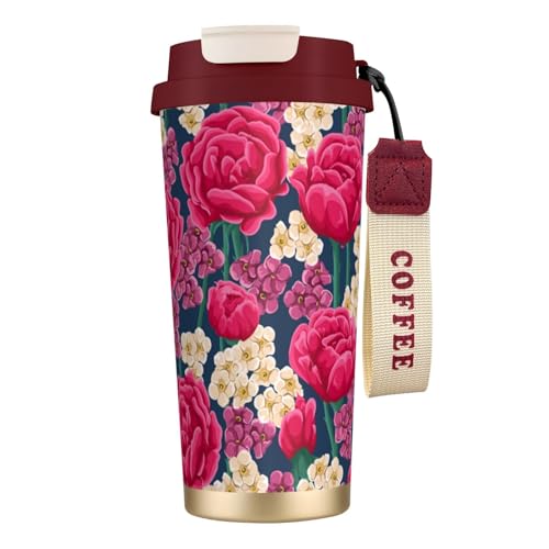 YXDVPALNE Rosa-rote Rosentextur,316 Edelstahl-Kaffeebecher mit Umhängeband, isolierter Becher, Reisebecher fürs Auto, 500 ml von YXDVPALNE