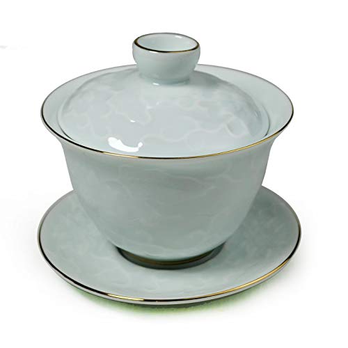 Gaiwan Chinesische Sancai Terrine-Tablett, Tasse, Teeset, Schüssel, Deckel, zarter goldfarbener Draht (geprägte Blüte) von YXHUPOT