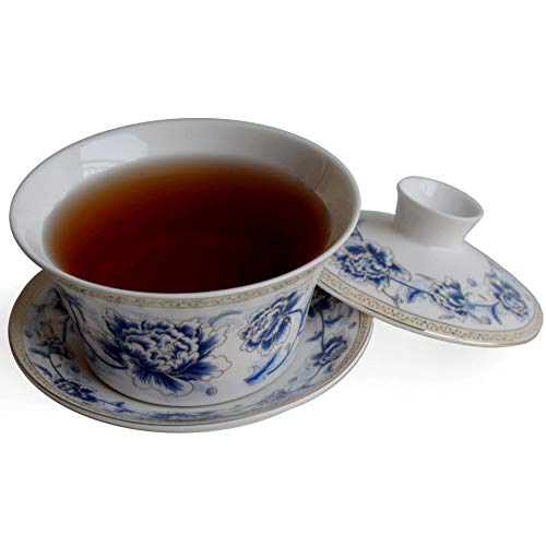 YXHUPOT Gaiwan Teetasse, Sancai-Teetasse, Untertasse, Bezug-Set mit Pfingstrose, 300 ml, Blau-Weiß von YXHUPOT
