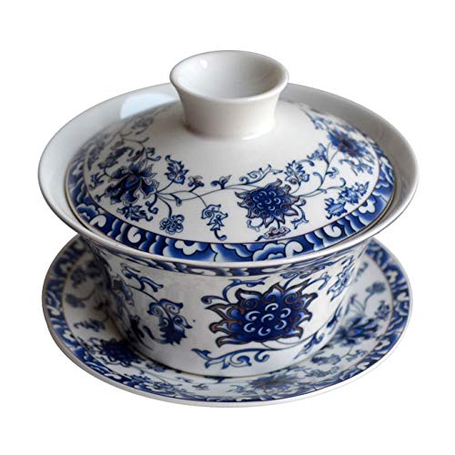 Gaiwan Teetasse Sancai Teetasse, Untertasse, Untersetzer-Set Lotus, Blau-Weiß, 200 ml Lotusfarben von YXHUPOT