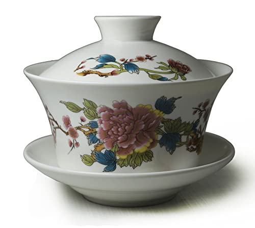 Gaiwan Teetasse aus weißem Porzellan, groß, Sancai Teetassen-Set, Schönheitsmuster, Deckel Sonne (473 ml, große Blüte) von YXHUPOT