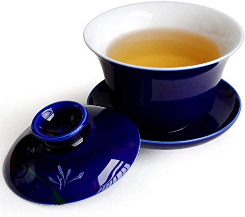 YXHUPOT Gaiwan 5oz/150ml Blau Weiß Porzellan Teetasse Sancai Tee Untertasse Tasse Abdeckung Set Blühendes Gras von YXHUPOT