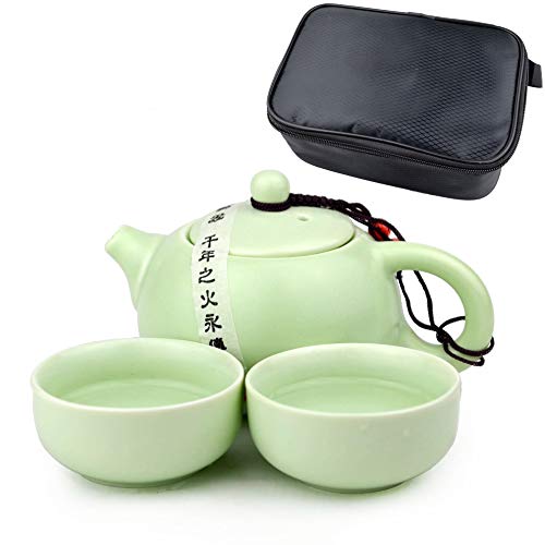 Yxhupot Xishi Teekannen-Reise-Tee-Set, chinesische Keramik, Weiß, Cyan, Schwarz, tragbare Verpackung, 1 Topf, 2 Tassen von YXHUPOT