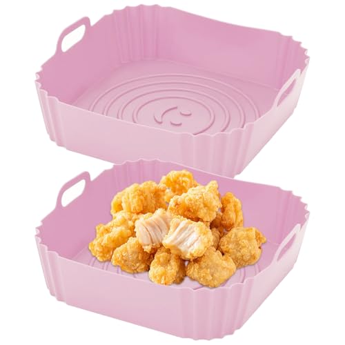 YXHZVON 2 Stück Silikoneinsatz für Heißluftfritteuse, Wiederverwendbare Airfryer Zubehör, Silikon Backformanstelle Airfryer Backpapier für Mikrowelle Zubehör (Rosa) von YXHZVON