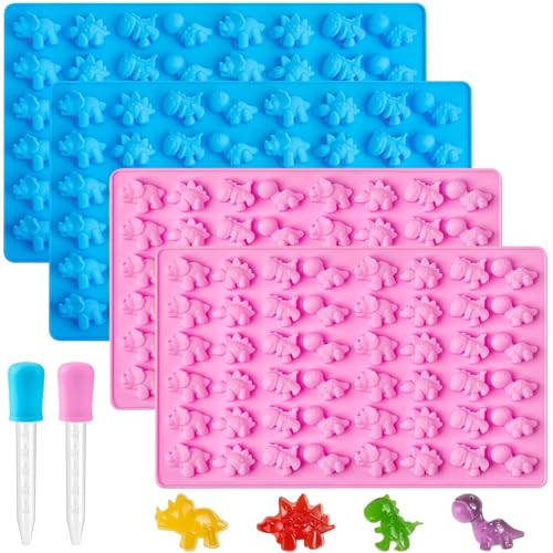 YXHZVON 4 Stück Dinosaurier Pralinenform Silikon, Mit 2 Tropfern, 48 Mini Niedliche Dinosaurier Silikonform, Wiederverwendbar Bonbonform Silikon für DIY Süßigkeiten, Schokolade(Rosa+Blau) von YXHZVON
