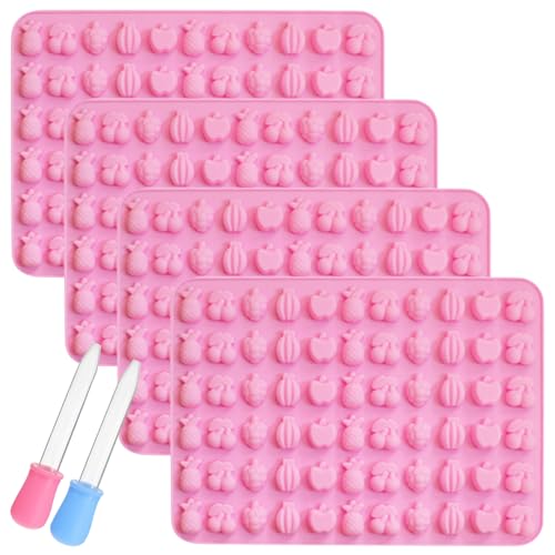 YXHZVON 4 Stück Obst Süßigkeiten-Silikonformen, Mit 2 Tropfern, 66 Mini 3D Obst Silikonform, Wiederverwendbar Obst Bonbonform Silikon für DIY Süßigkeiten, Schokolade(Rosa) von YXHZVON