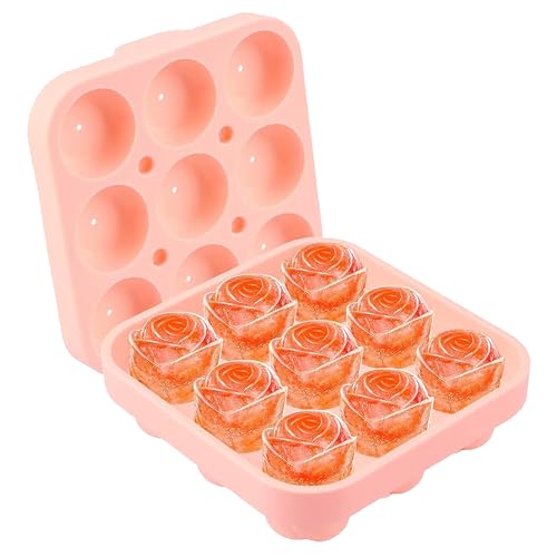 YXHZVON Eiswürfelform Rose, 9 Hohlraum Ice Cube Tray mit Deckel, BPA Frei Silikon Eiswürfelbehälter, für Whisky, Cocktails, Bier, Gekühlte Getränke und Babynahrung (Rosa) von YXHZVON