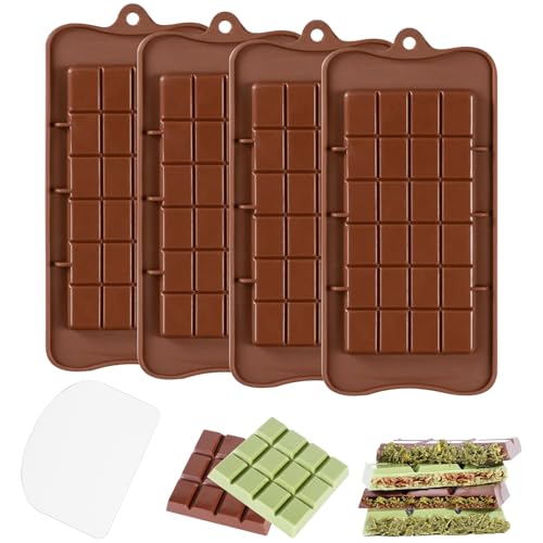 YXHZVON Schokoladenform Silikon, 4 Stück Schokoladenform mit 1 Stück D form-Weicher Schaber, Rechteckige Schokoladentafel Form für Schokolade Praline Süßigkeiten von YXHZVON