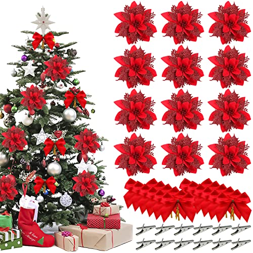 YXHZVON Weihnachtsbaum Ornament Rot, 12 Stück Glitter Poinsettia Weihnachten Imitat Blumen Christbaumschmuck Hochzeit Weihnachtsbaum Kränze Ornamente 11 cm (Rot) von YXHZVON