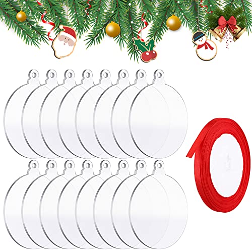 YXHZVON Weinachtsbaumsmuck, 16 Stück Transparente Acrylscheibe Weihnachtskugel mit 1 Stück 22 m Schleifenband Weihnachten(Rot) für Weihnachtsdeko Verzierung Hütten, Kreisform von YXHZVON