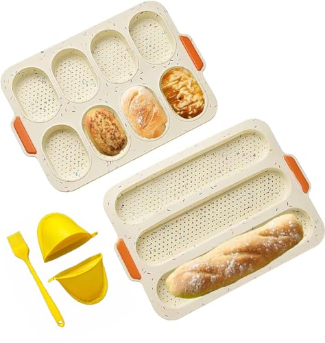 YXIAOO Backform Baguette Backblech Brötchen Brotbackformen Baguetteblech Backen von Baguettebrot Brot Langbrot Hot Dog mit 2 Isolationshandclip+Ölpinsel (Beige, Baguette) von YXIAOO