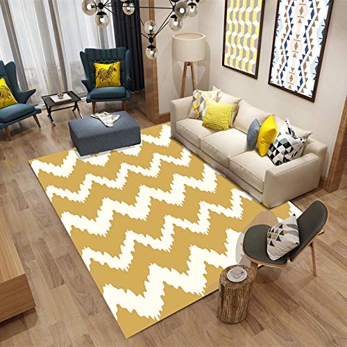 YXISHOME Designer Teppich Moderner Kurzflorteppich Stilvoller Moderner Teppich Weiße Wellen Senfgelb Wohnzimmer Teppiche Kinderrutschfester Teppich 80x150cm von YXISHOME