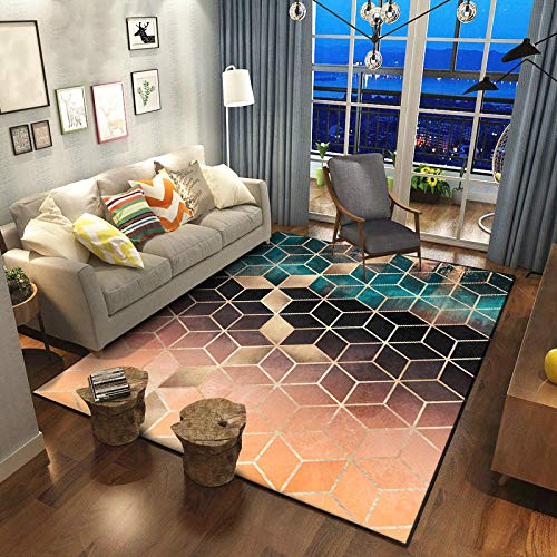 YXISHOME Teppiche Modern Ultra Soft Touch Extra großes Wohnzimmer Schlafzimmer Teppich Stilvolle Luxus geometrische Teppiche Golden Diamond Pattern Teppich Orange Blau 140x200cm von YXISHOME