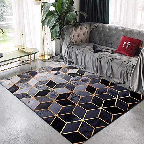 YXISHOME Teppiche Modern Ultra Soft Touch Extra großes Wohnzimmer Schlafzimmer Teppich Stilvolle geometrische Teppich Blue Gold Diamond Frame Pattern 120X160cm von YXISHOME