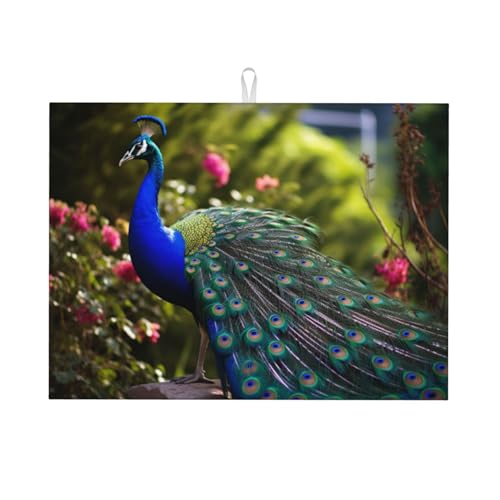 Schöne Pfauen-Abtropfmatte – Mikrofaser-Abtropfmatte, große Größe, 45,7 x 61 cm, Küchen-Abtropfmatte (Schwarz/Rot/Blau) von YXLymxDAMAI
