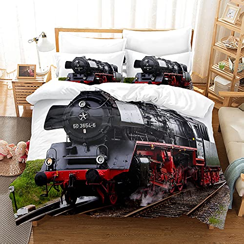 YXWHY 3D-Digitaldruck Dampflokomotive Train Bettbezug für Junge, weicher und bequemer Mikrofaser Oldtimer-Zug Lokomotive Bettwäsche Set 135x200cm und 2 Kissenbezug 80x80cm von YXWHY