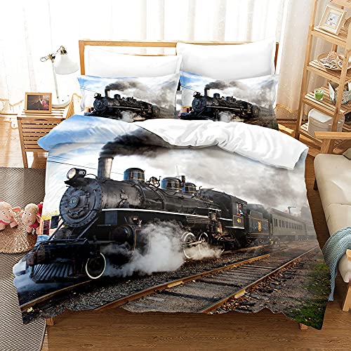 YXWHY 3D-Digitaldruck Dampflokomotive Train Bettbezug für Junge,weicher und bequemer Mikrofaser Oldtimer-Zug Lokomotive Bettwäsche Set 155x220cm und 2 Kissenbezug 80x80cm von YXWHY