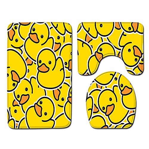 YXWHY Cartoon kleine gelbe Ente Badematten Set 3 Teilig Teppich,Weich Badteppich Badematten Set,Maschinenwaschbare und rutschfeste Badematte und Toilettenmatte für Badewanne,Dusche,Badezimmer von YXWHY