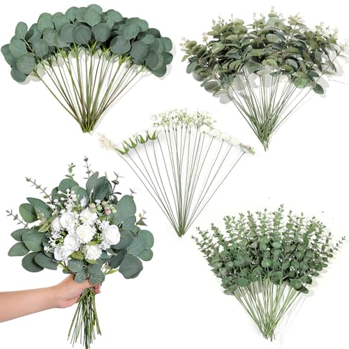 YXZZWL 110 Stück 7 Arten gemischte künstliche Eukalyptusstiele und künstliche Blumen, künstliche Silber-Dollar-Eukalyptusblätter, Stiele, fühlen Sich echt an, für selbstgemachte Blumensträuße, von YXZZWL