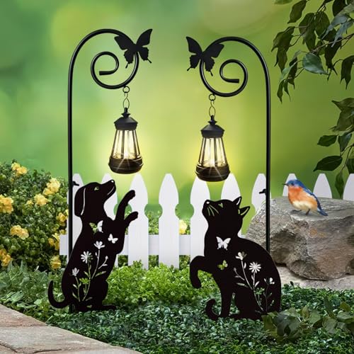 Gartenstecker aus Metall, Beagle, Hund und Katze, mit Solarleuchten, für den Außenbereich, einzigartig, Garten-Silhouette, Tierdekoration, 2 Stück von YY Gardenia