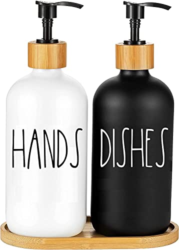 Glas Seifenspender Set, 475ml Badezimmer Seifenspender Set, mit Tablett, Shampoo Lotion Handseifenspender für Küche Arbeitsplatte (Schwarz Weiß 2-Pack) von YY YITIKA