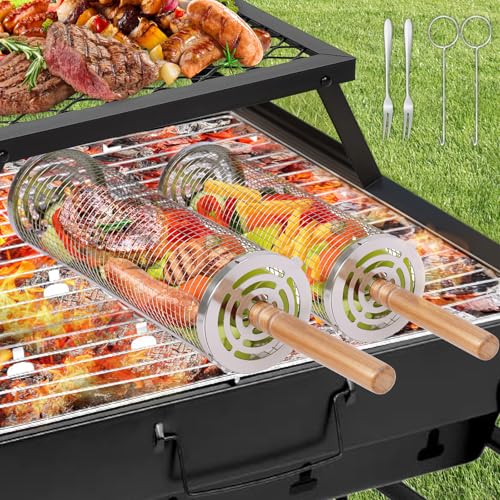 YYAQZD 2 Stück Edelstahl Grillkorb Set,Rolling Große Kapazität grillkorb mit Holzgriff,tragbares Grill zubehör zum Kochen von Fleisch,Fisch und Gemüse im Freien oder beim Camping,perfekte BBQGeschenke von YYAQZD