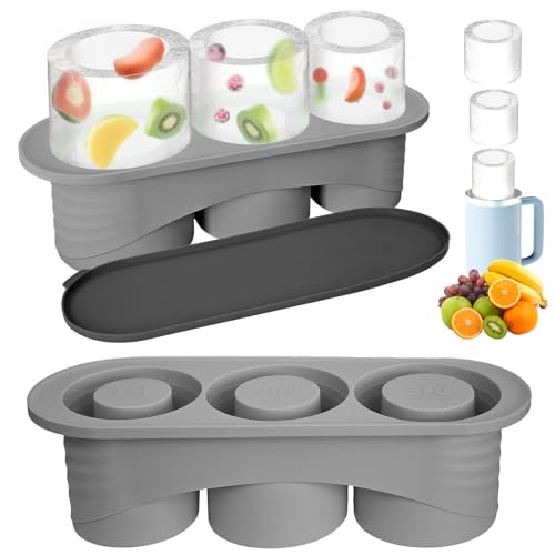 YYAQZD Stanley Cup Eiswürfelform Zubehör,Eiswürfelbehälter Silikon mit Deckel,3 Fach Eiswürfelschale,Eiswürfel für 20-40 Oz Tumbler Becher Cocktails,Whisky,Obst Fruchtpürees,BPA Frei(Grau) von YYAQZD