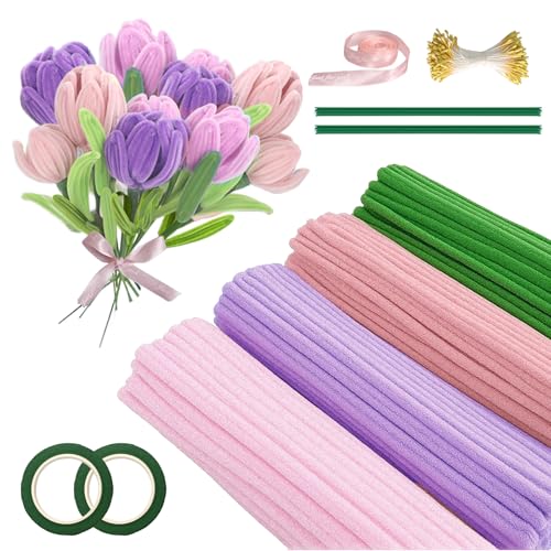 YYAQZD Tulip Bouquet Pfeifenreiniger Blumen Set, 400 Stück Pfeifenputzer zum Basteln, Pfeifenreiniger zum Basteln, mit Blumendraht, Schleifenband, Blumen Staubblatt für Blumenstrauß DIY von YYAQZD