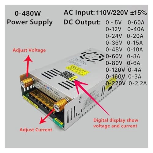 YYAZXSIQ Adjustable Switching Power Supply AC DC 5V 12V 24V 36V 48V Power Supply 60V 80V 120V 160V 220V 480W with Digital Display 12V(Adjust Current,0-12V 0-40A) von YYAZXSIQ