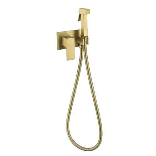 Bidet Handbrause Set for WC Warm- und Kaltwasser, Toilettensprüher Wandmontage Messing Quadrat Handheld Bidet Sprayer for Toilette mit 150mm Schlauch(Brushed Gold) von YYBAO