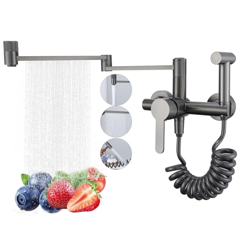 Wasserhahn Küche Wandmontage, 360° Drehbarer Klappbar Küchenarmatur Mit Spritzpistole und 2 Wasserstrahlarten Armatur Küche Messing Heiß und Kalt Mischbatterie Armatur(Gun Gray) von YYBAO