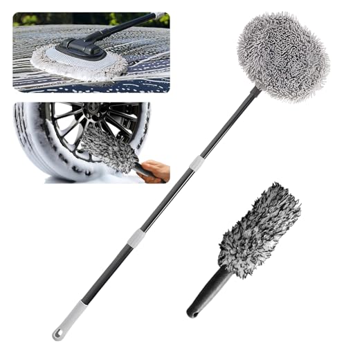 YYBAO Autowaschbürste mit Radbürste, 120CM Teleskop WaschbürsteAuto mit langem Stiel, 120° drehbare Autowaschmopp mit austauschbaren Mikrofaser-Wischmoppkopf, Reinigungsbürste für Auto, LKW, Wohnmobil von YYBAO