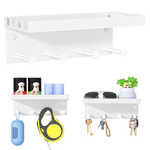 YYBO Schlüsselbrett Mit Ablage, Hundegarderobe Metall, Schlüsselhalter Wand, Schlüsselbrett Weiß Schlüsselablage, Hundeleinen Halterung für Flur, Eingangsbereich, Selbstklebend or Bohren von YYBO