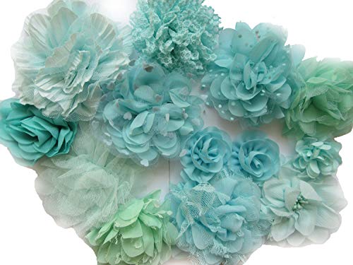 YYCRAFT 12 Stück Minze/Aqua Chiffon Spitze Haarblumen für Mädchen Stirnband Baby Blumen Schleifen Basteln Party Dekoration (5,1 cm - 11,4 cm) von YYCRAFT