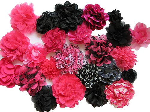 YYCRAFT 15 Stück Chiffon-Spitzenblumen für Mädchen, Haarband, Babyblumen, Schleifen, Basteln, Party-Dekoration (5,1 cm - 10,2 cm), Hot Pink/Schwarz von YYCRAFT