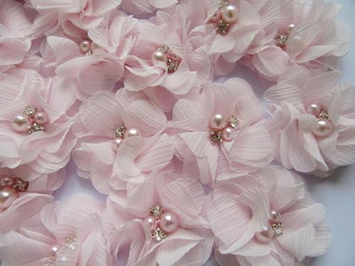 YYCRAFT 20 Stück Chiffon Blumen mit Strass und Perlen Hochzeit Dekoration/Haar Accessoire Handwerk/Nähen Craft(Baby Pink,5cm) von YYCRAFT