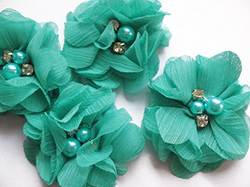 YYCRAFT 20 Stück Chiffon Blumen mit Strass und Perlen Hochzeit Dekoration/Haar Accessoire Handwerk/Nähen Craft(Blaugrün,5cm) von YYCRAFT