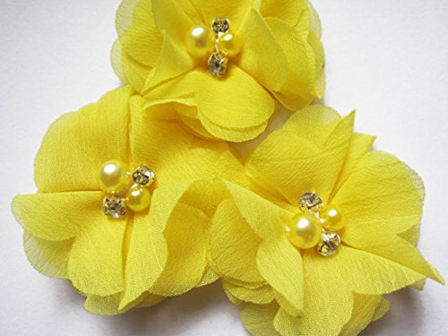 YYCRAFT 20 Stück Chiffon Blumen mit Strass und Perlen Hochzeit Dekoration/Haar Accessoire Handwerk/Nähen Craft(Candy Yellow,5cm) von YYCRAFT