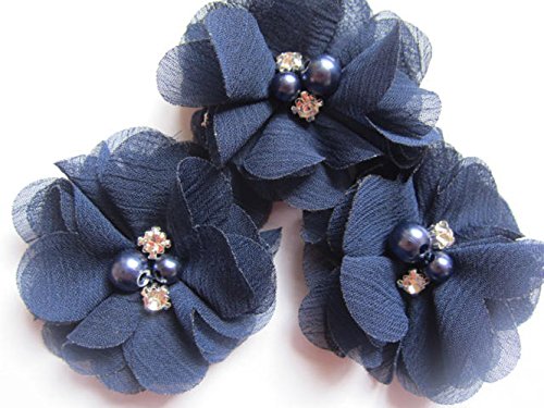 YYCRAFT 20 Stück Chiffon Blumen mit Strass und Perlen Hochzeit Dekoration/Haar Accessoire Handwerk/Nähen Craft(Navy,5cm) von YYCRAFT