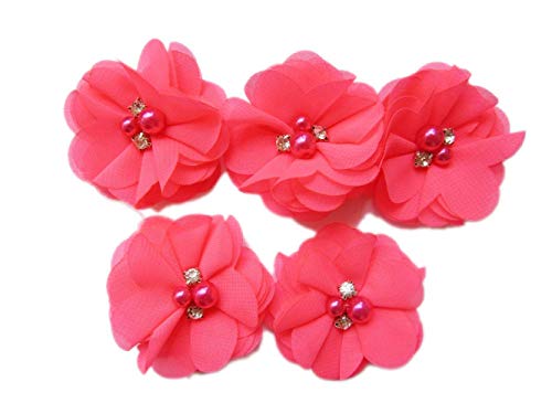YYCRAFT 20 Stück Chiffon Blumen mit Strass und Perlen Hochzeit Dekoration/Haar Accessoire Handwerk/Nähen Craft(Neon Pink,5cm) von YYCRAFT