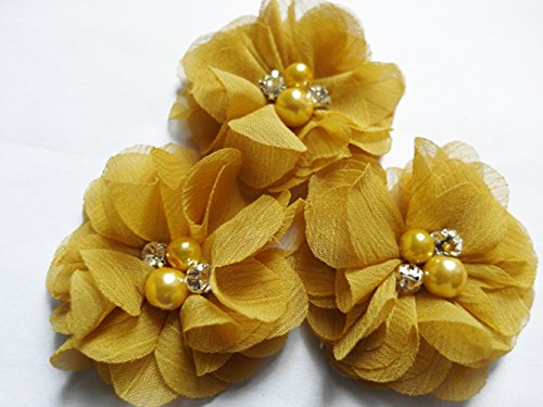 YYCRAFT 20 Stück Chiffon Blumen mit Strass und Perlen Hochzeit Dekoration/Haar Accessoire Handwerk/Nähen Craft(Senfgelb,5cm) von YYCRAFT